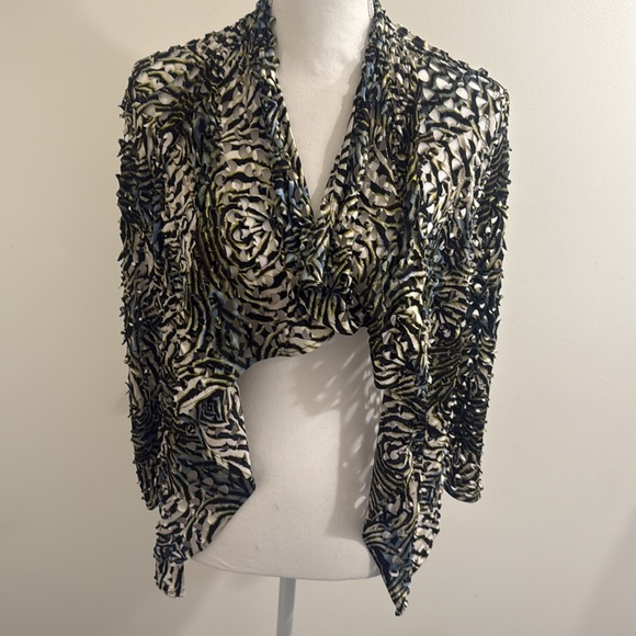ALBERTO MAKALI Animal Print Eyelet Open Front Draped Cardigan Women Size Small - Picture 3 of 12